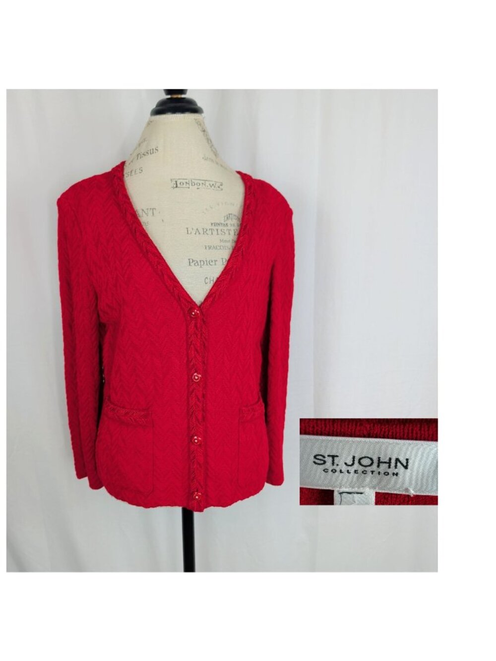 St John Red Knit Cardigan Sweater Large Long Sleeve